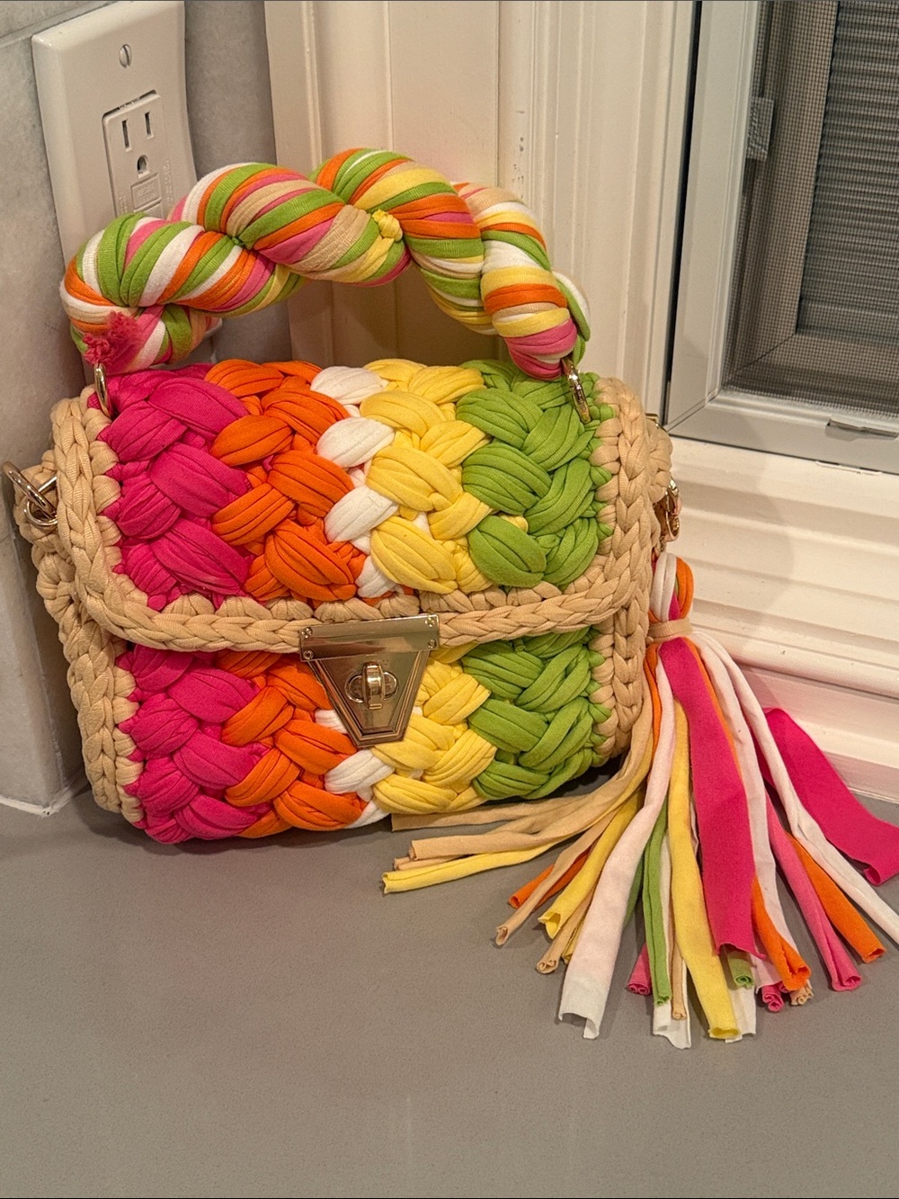 Colorblock Braided Straw Top-Handle Bag in Pink, Orange, Yellow, Green